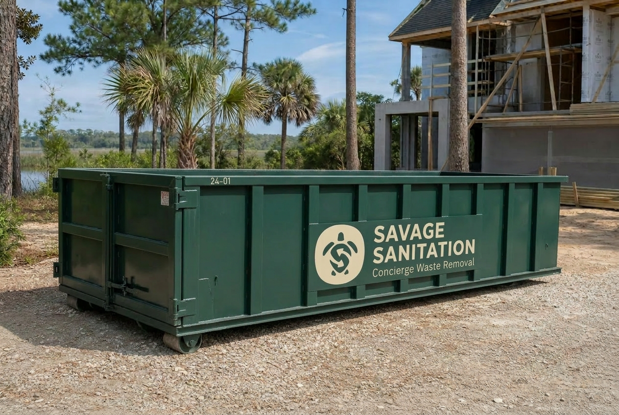 15-yard roll-off dumpster on a Lowcountry job site